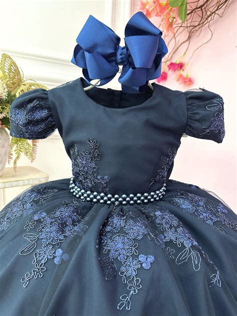 Vestido Infantil Azul Marinho C Renda Realeza Ao Elo