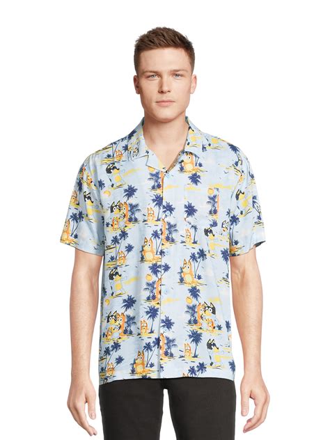 Bluey Mens Hawaiian Print Button Up Shirt With Short Sleeves Sizes Xs