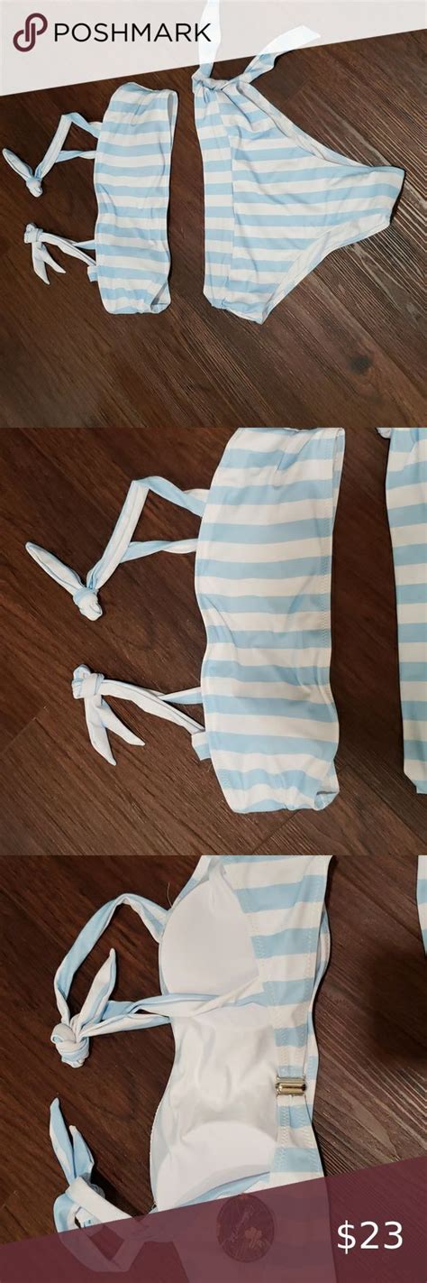 BLOOMING JELLY L Light Blue And White Striped Bikini With Ties Top