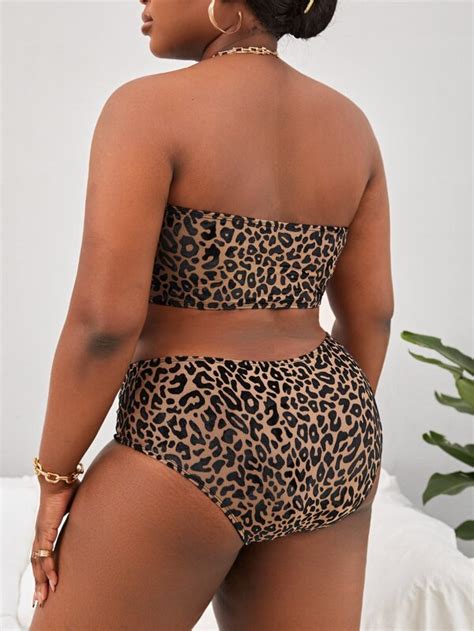 Shein Swim Vcay Plus Leopard Print Bikini Set Wireless Bandeau Bikini