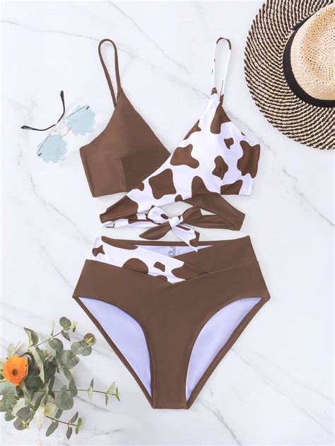 Shein Swim Ba Ador Bikini Cruzado Con Estampado De Vaca Moda De Mujer