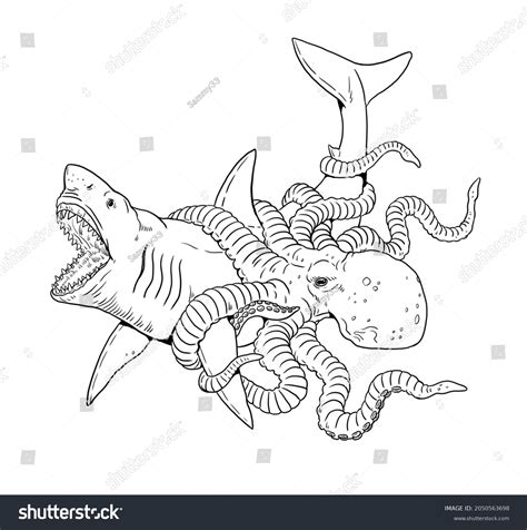 Giant Octopus Attacks Shark Battle Animals Stock Illustration