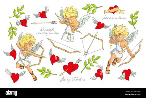 Set Of Vector Symbols Of Love And Valentines Day Young Cupid