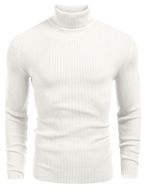 Mens Ribbed Slim Fit Knitted Pullover Turtleneck Sweater White