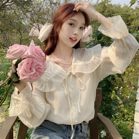 봄신상셔츠데이트룩 자수 프릴 카라 긴팔 쉬폰 시스루 심플 셔츠 블라우스 캠퍼스룩 여행룩 소풍룩 오피스룩 하객룩