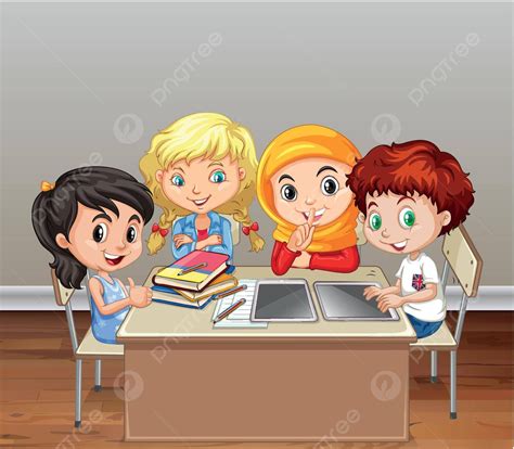 Children Working In Group In Classroom Clip Tablet Youth Vector Clip