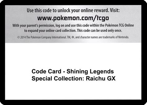 Code Card Shining Legends Special Collection Raichu Gx Shining