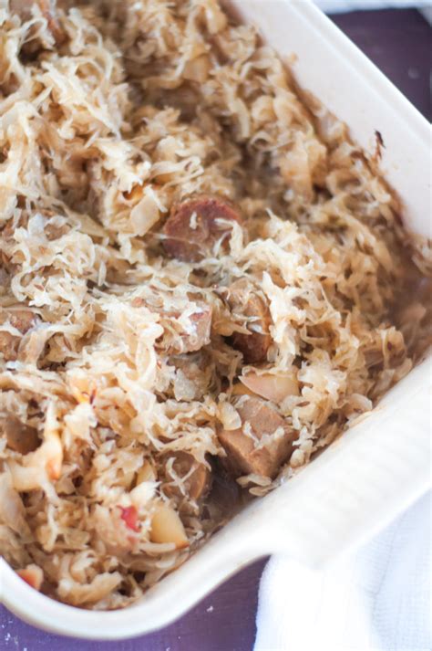 Vegan Sauerkraut and Bratwurst Casserole - Thyme & Love