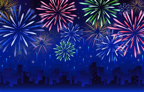 Fireworks With City Background Template Vector Art At Vecteezy