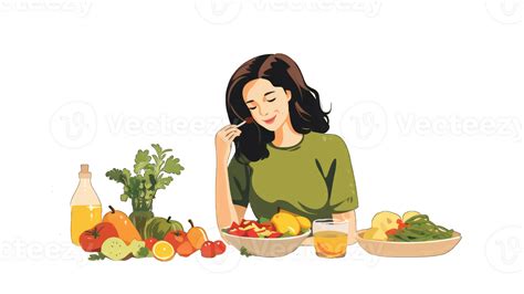 Female Characters Eating Healthy Food Women With Fruits And Vegetables