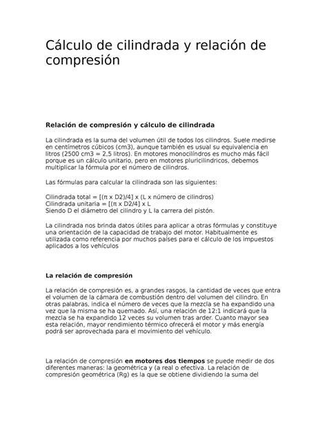 Cálculo de cilindrada y relación de compresión Cálculo de cilindrada