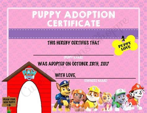 Paw Patrol Puppy Adoption Certificate Certificado De Adopción Hecho