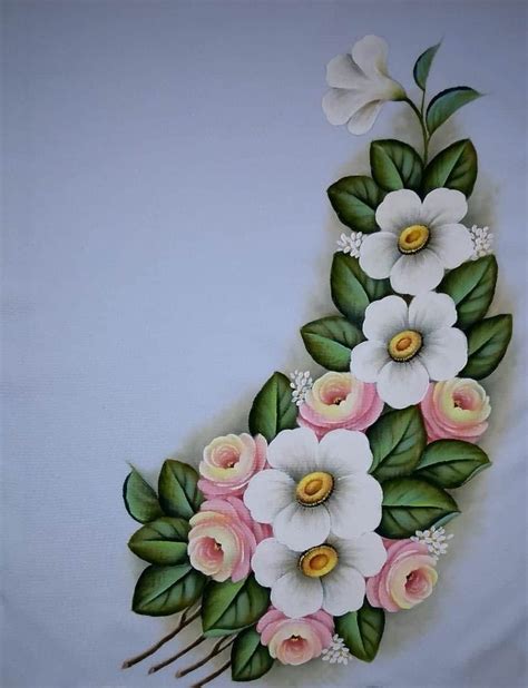 A Painting Of White And Pink Flowers With Green Leaves