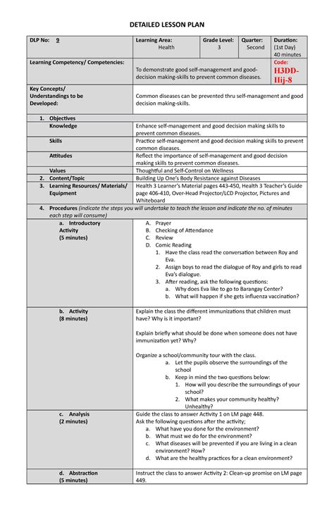 Dlp Mapeh Iii Health Q 2 Lc 9 Detailed Lesson Plan Dlp No 9 Learning Area Health Grade