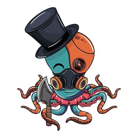 Personaje De Pulpo Cyborg De Dibujos Animados Con Sombrero De Copa Y Un