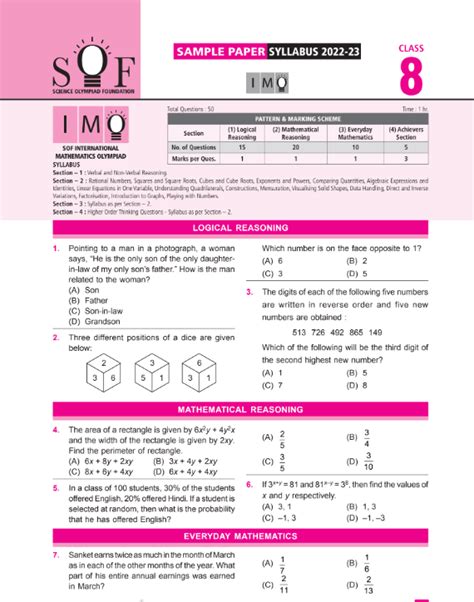 Class 8 Imo Maths Olympiad Official Sample Question Paper Olympiad Tester