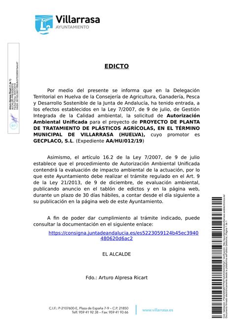 EDICTO DE SOLICITUD DE AUTORIZACIÓN AMBIENTAL UNIFICADA SOBRE PROYECTO