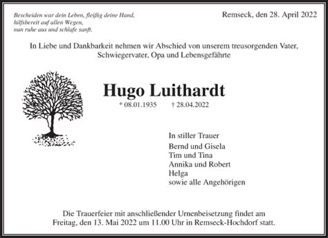 Traueranzeigen Von Hugo Luithardt ZVW Trauer