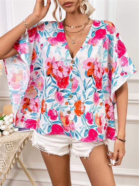 Shein Vcay Floral Print Batwing Sleeve Button Front Blouse Shein