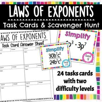 Laws Of Exponents Task Cards And Scavenger Hunt Activities By Bell To