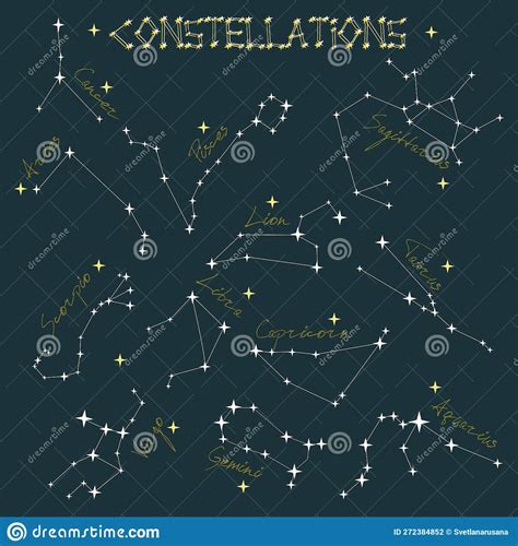 A Set Of Constellations In The Night Sky Sequins In The Form Of Zodiacs With Names Stock Vector