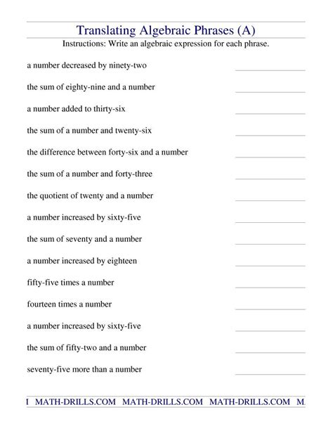 The Translating Algebraic Phrases A Math Worksheet From The