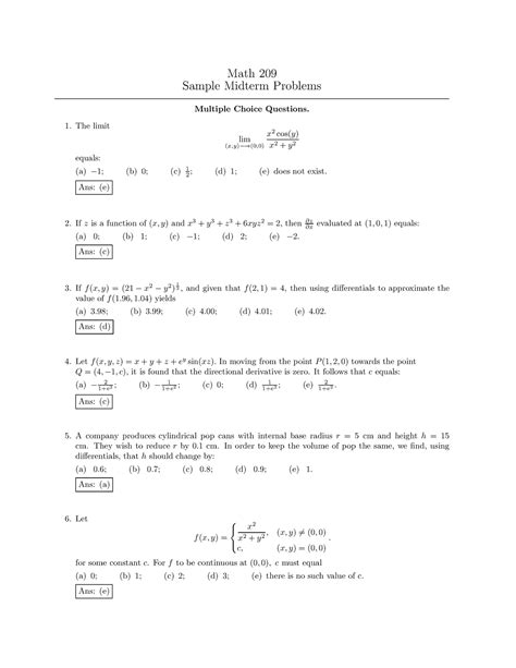 Sample Problems CHEM Math 209 Sample Midterm Problems Multiple