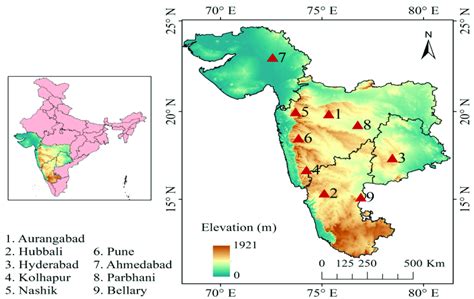 Locations of the selected cities and their elevation variations ...