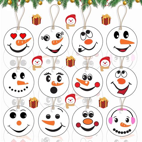 24 Pcs Christmas Snowman Face Wood Ornaments Christmas Tree