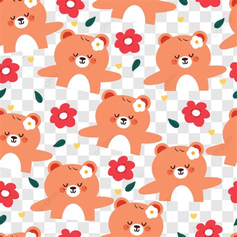 Cute Hand Drawn Cartoon Bear And Flower Seamless Pattern Vector