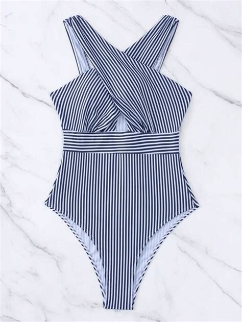 Striped Criss Cross Halter One Piece Swimsuit Shein Usa