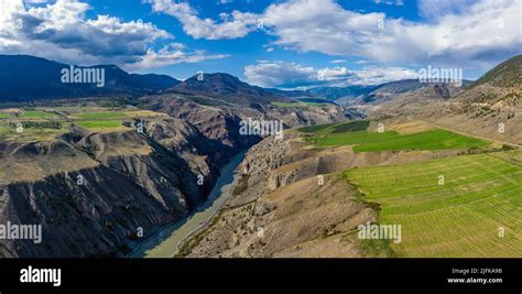 Aerial Panorama Photo Of The Fraser River Flowing In The Rugged Fraser