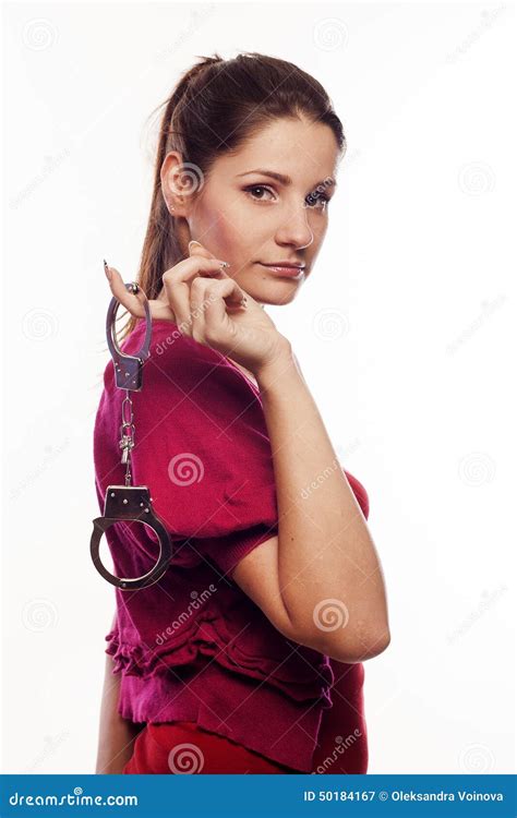 Young Woman Holding Handcuffs Stock Image Image Of Handcuff Female 50184167