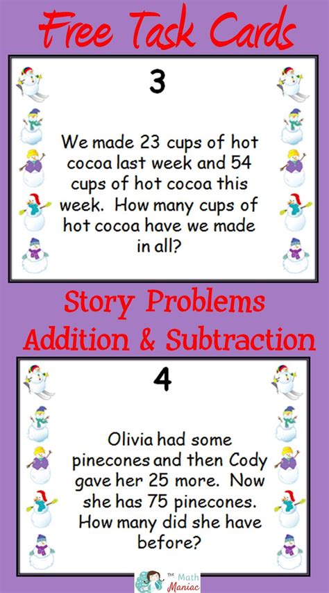 Winter Themed Addition And Subtraction Word Problems Task Cards Freebie