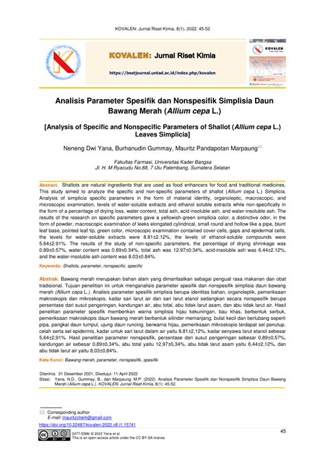 Pdf Analisis Parameter Spesifik Dan Nonspesifik Simplisia Daun Bawang