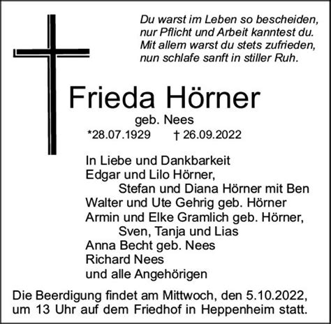 Traueranzeigen Von Frieda H Rner Vrm Trauer De