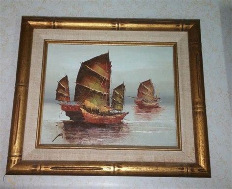 Chinese Junk Boat Original Oil Painting By P Wong Signed On Canvas