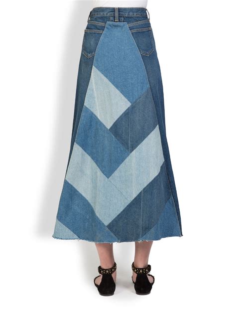 Saint Laurent Denim Patchwork Maxi Skirt In Blue Lyst