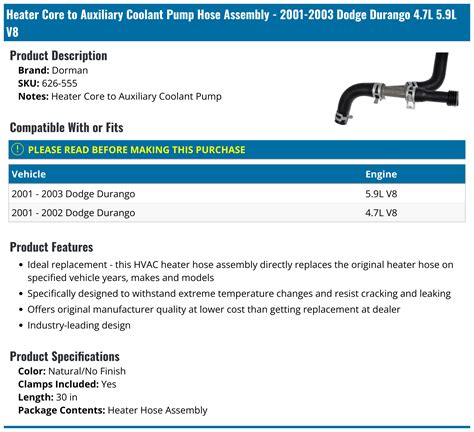 2001 2003 Dodge Durango Heater Hose Dorman 626 555