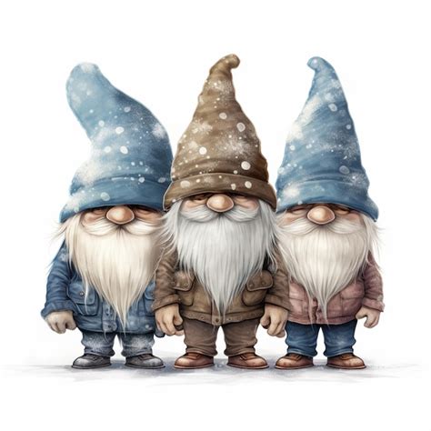 Premium Photo Three Gnomes With Hats And Jackets Standing Next To