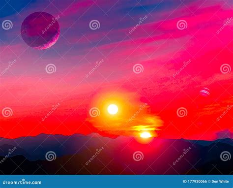 Sunset With Two Suns Fantasy Planet Landscape Stock Photo Image Of