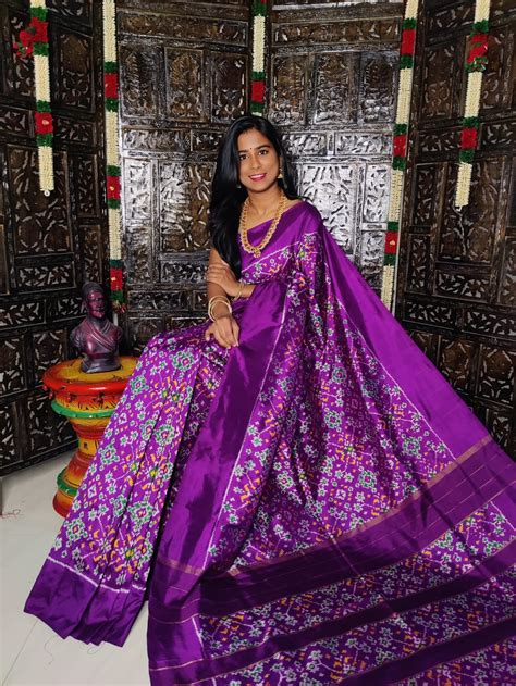 Pure Pochampally Double Ikkat Silk Saree Purple Color