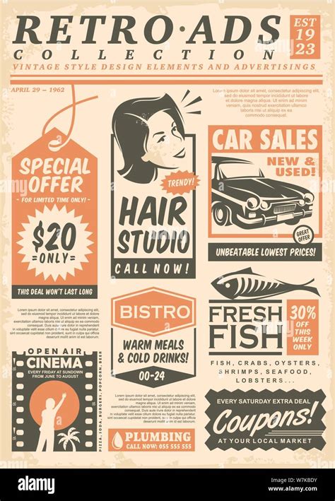 Retro newspaper ads collection on old paper texture. Vector illustration Stock Vector Image ...