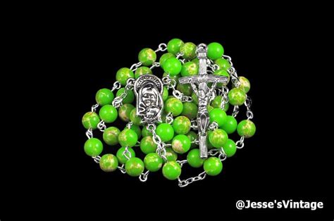 Catholic Rosary Beads Apple Green Imperial Jasper Natural Stone Silver