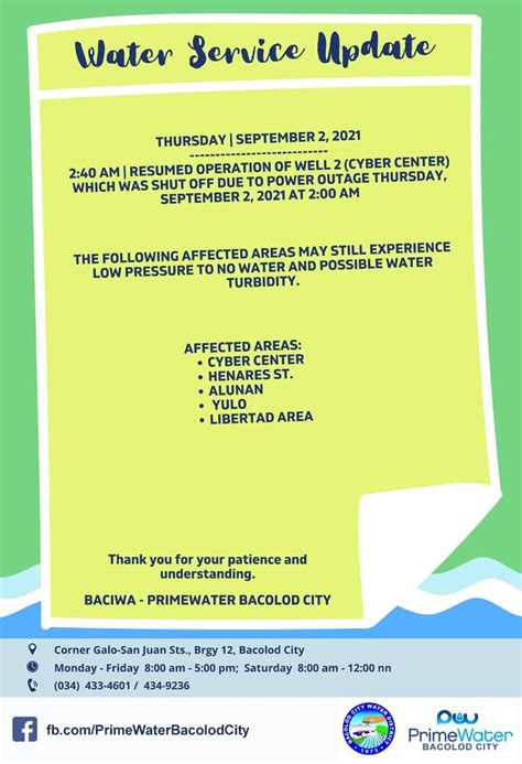 Baciwa Primewater Bacolod City Water Service Update September 2 2021