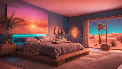 A Desert Inspired Bedroom With Neon Lights Resembling A Sunset Over The