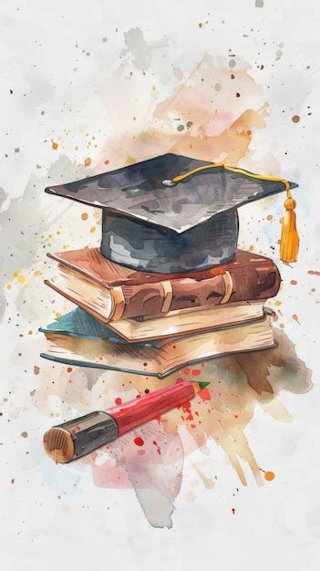 A Watercolor Painting Of A Graduation Cap And Books Premium Ai