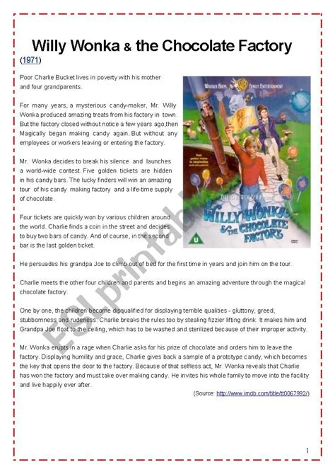 Willy Wonka And The Chocolate Factory Esl Worksheet By Dannuzia