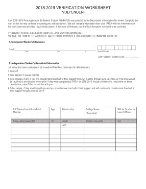 Fillable Online 2018 2019 Verification Worksheet Independent 2018 2019