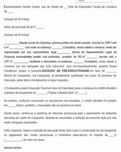 Petição Padrão para Exceção de Pré Executividade conforme Novo CPC